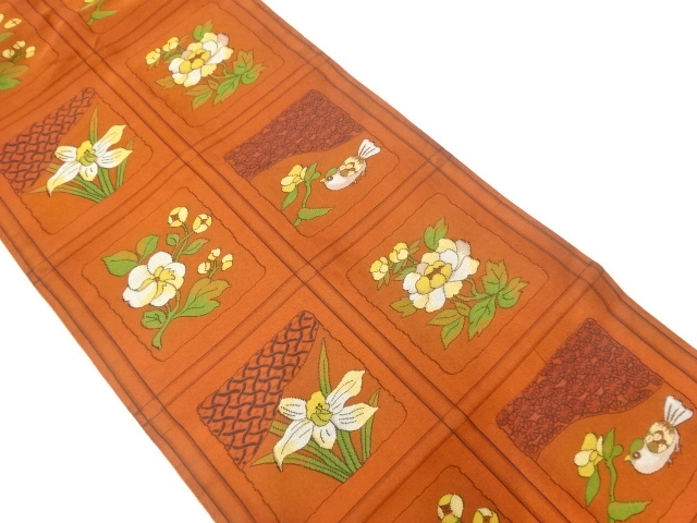 草花に鳥模様織出し名古屋帯